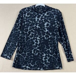 DKNY Large Top Animal Print Mock Neck Black Gray Shadow Moody Sheer Sleeve